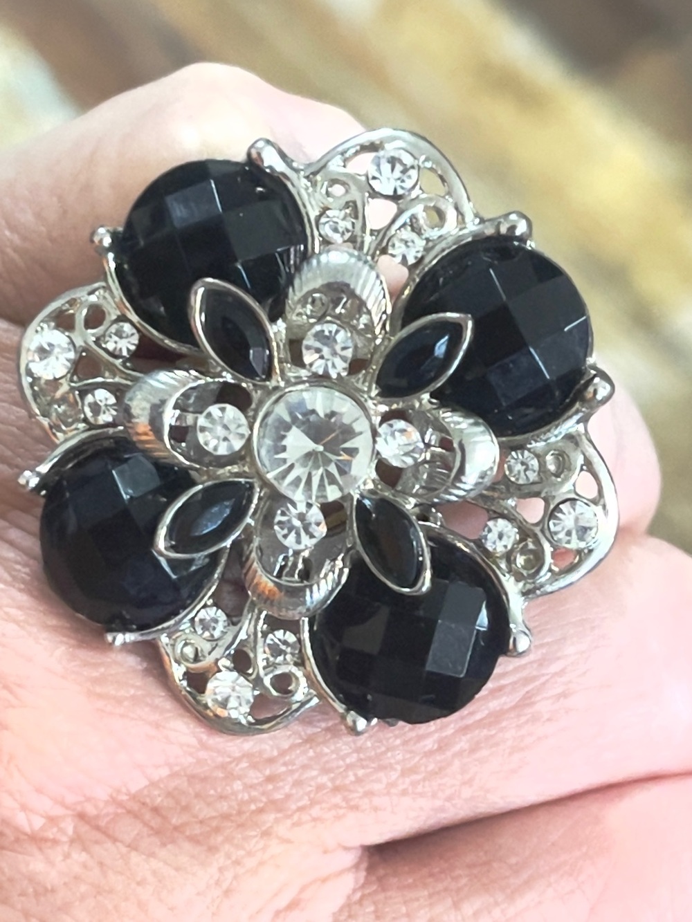 Silver Tone Faux Onyx Stretch Ring Statement Jewelry